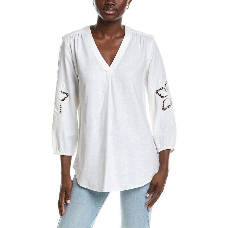 Jones New York Womens Linen-Blend Pleated Shirt, White